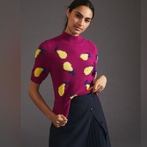 Maeve Anthropologie Sweater Cotton Divendra Top Small Purple Pear Print Short‎
